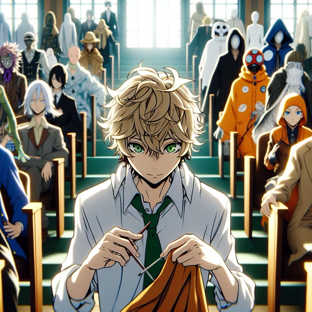 Movie costume walkingact 7 imagine in anime seraph of the end like look showing an anime boy with messy blond hair and green eyes working in filmkostuem walkingact