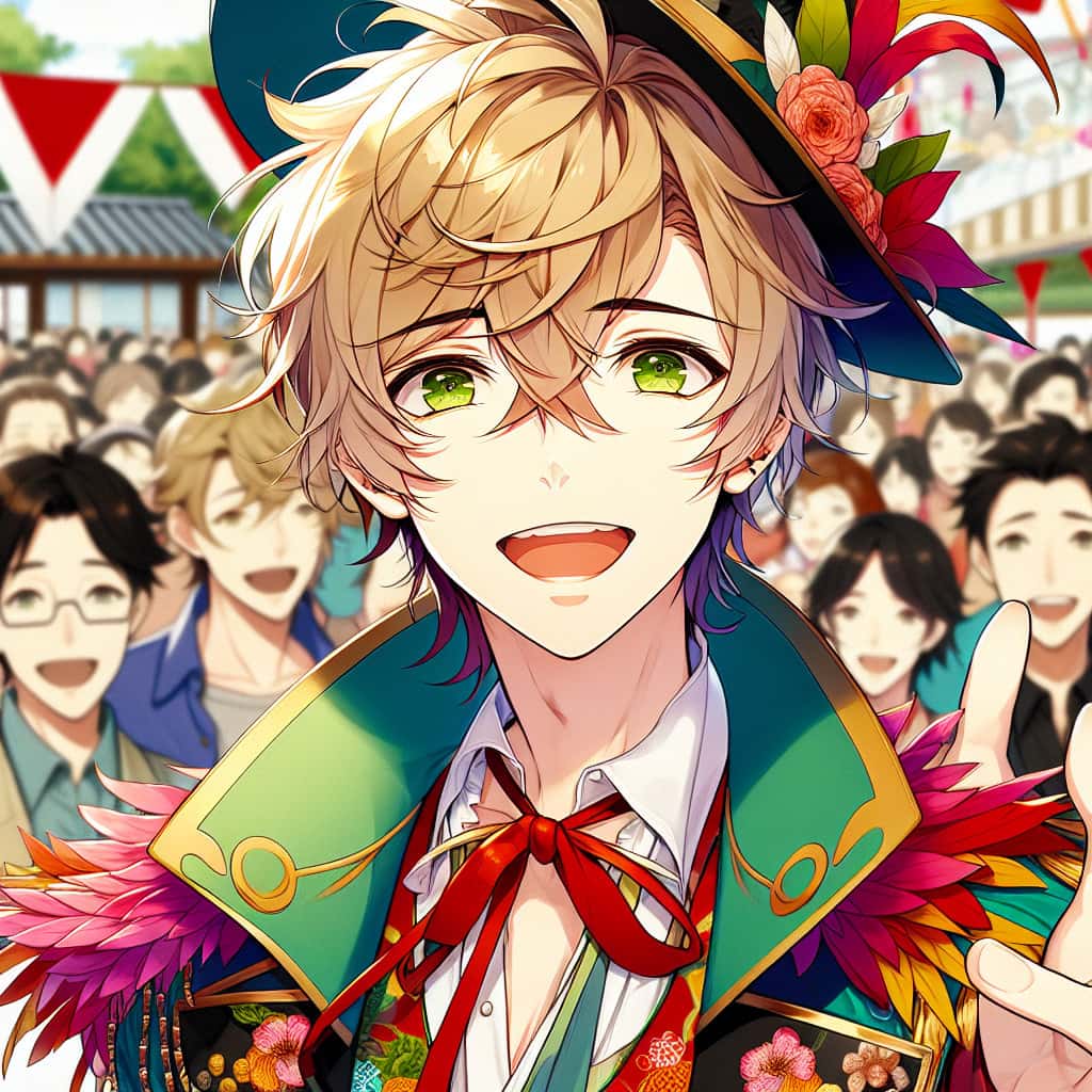 costume walk act for party 11 imagine in anime seraph of the end like look showing an anime boy with messy blond hair and green eyes working in kostuem walk act fuer party