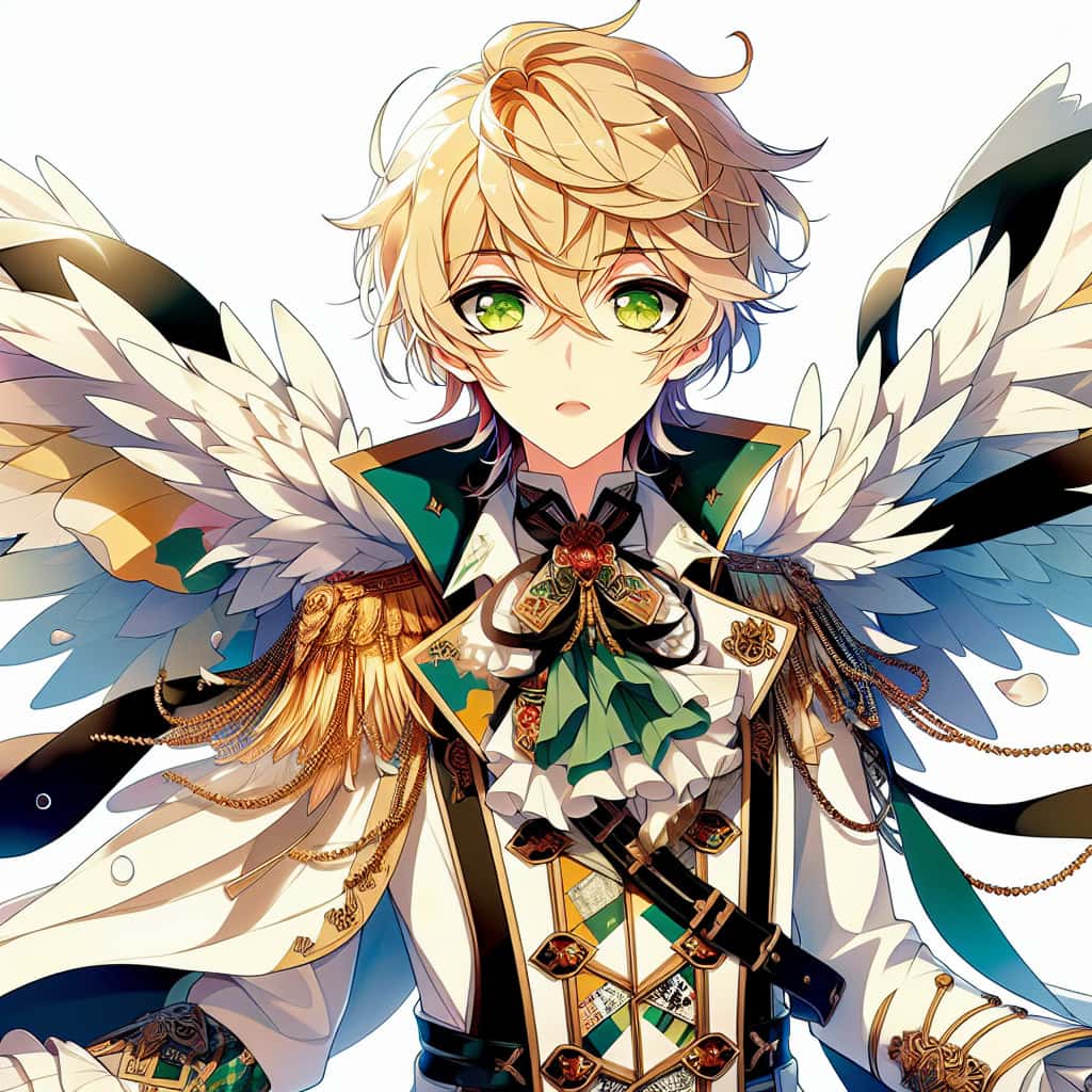 costume actor 1 imagine in anime seraph of the end like look showing an anime boy with messy blond hair and green eyes working in kostuemschauspieler